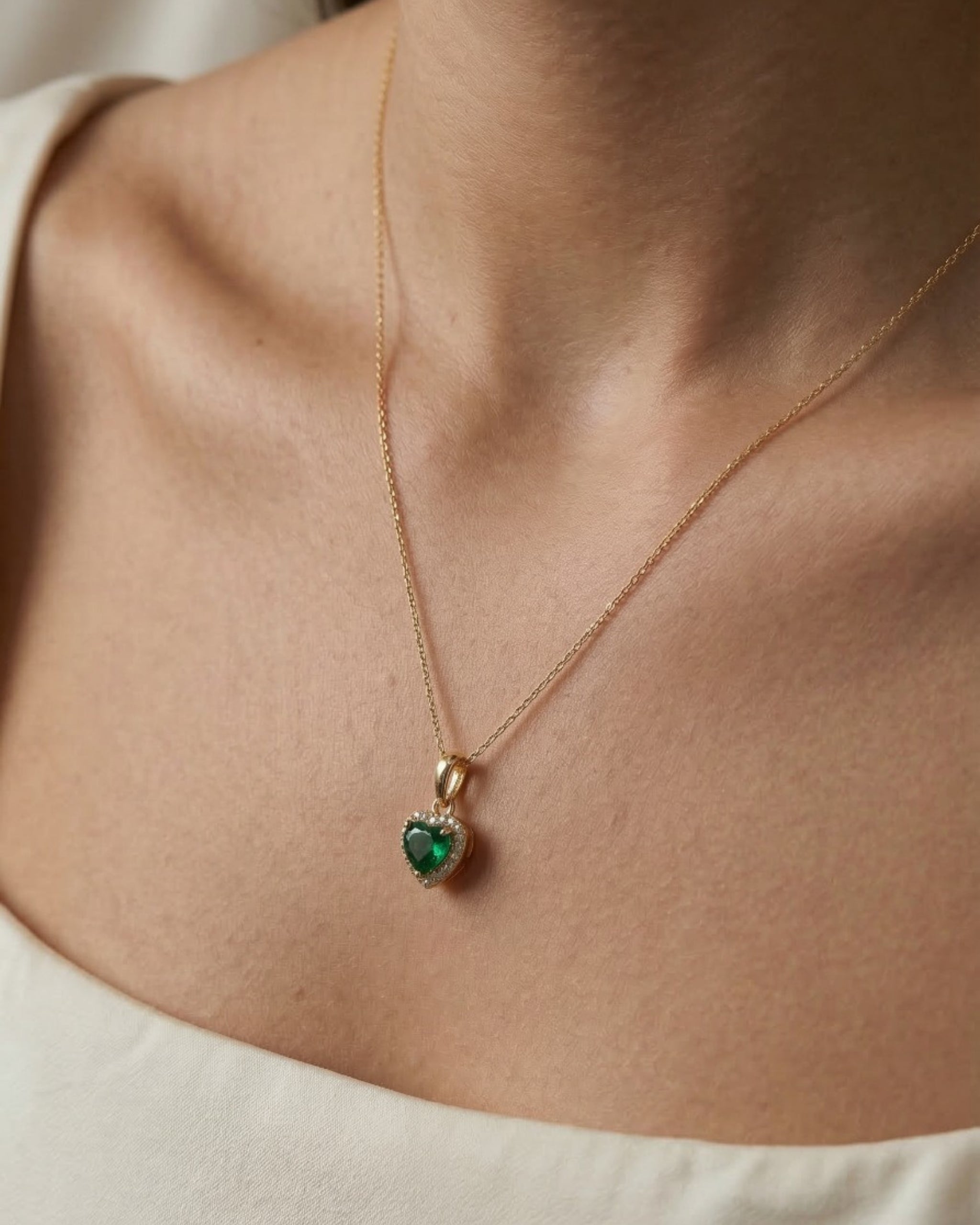 Emerald & Zircon Stone Heart Necklace