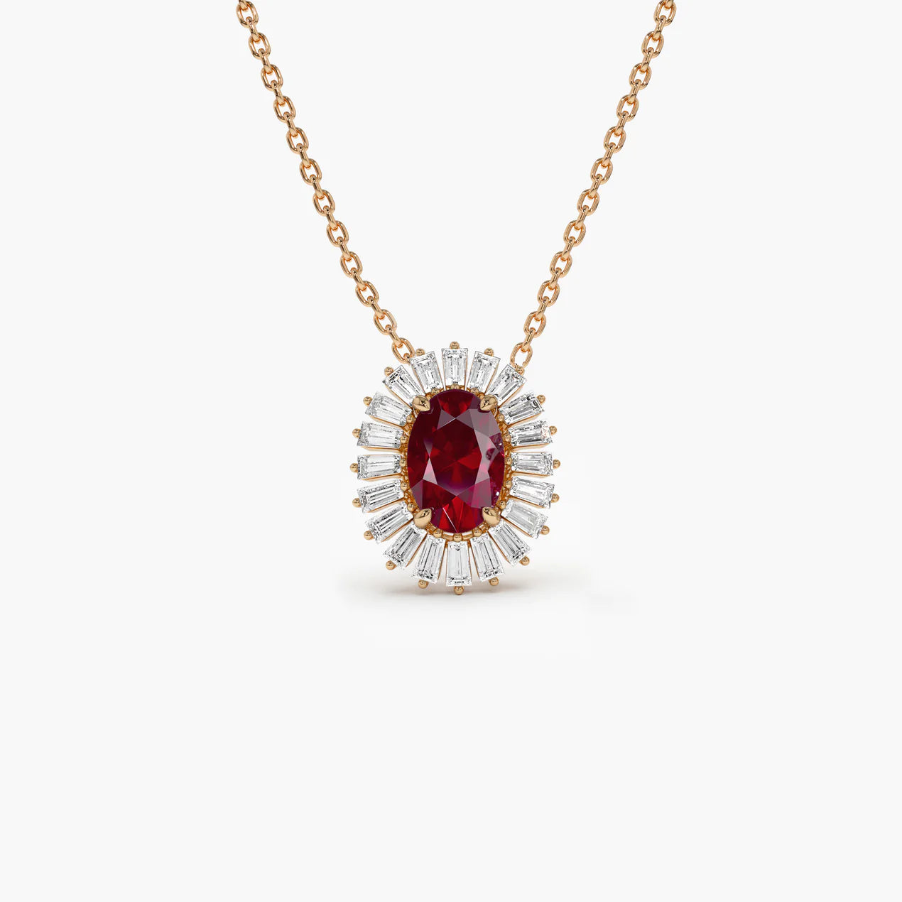 Oval Shape Ruby with Baguette Halo Setting Necklace