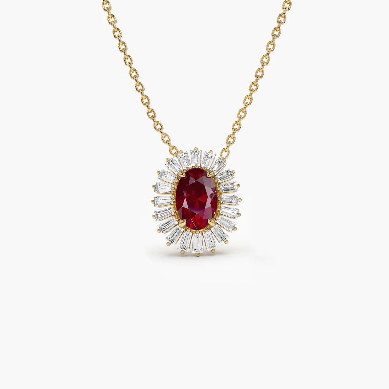Oval Shape Ruby with Baguette Halo Setting Necklace