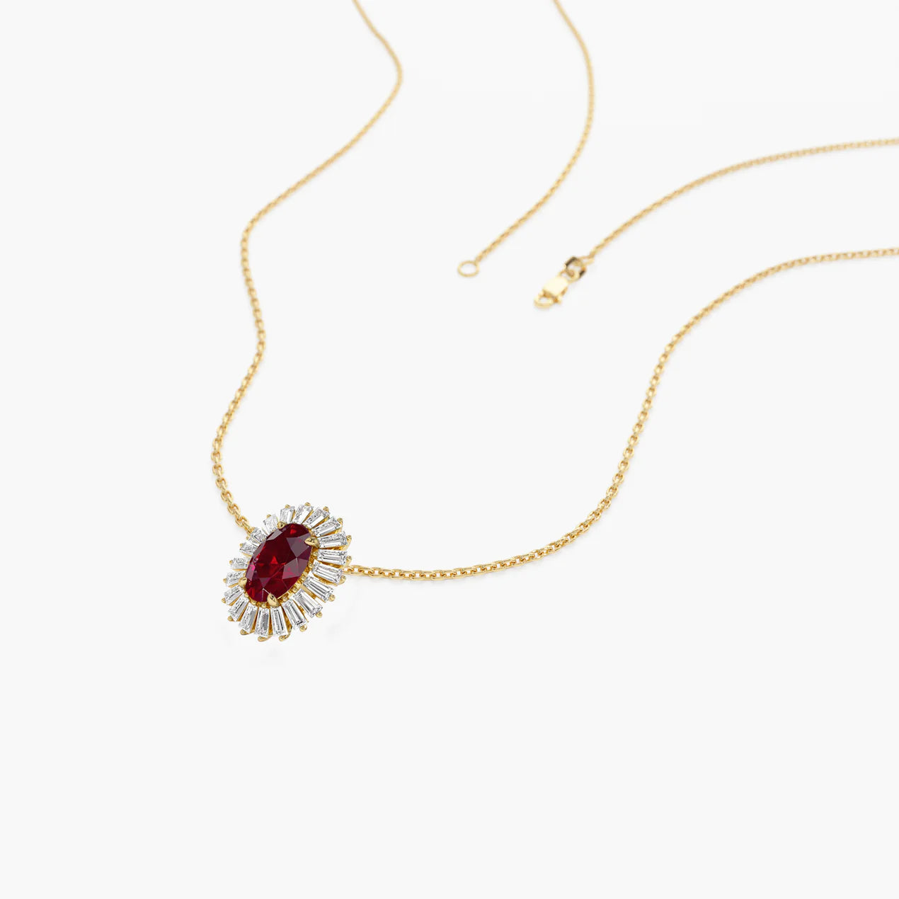 Oval Shape Ruby with Baguette Halo Setting Necklace