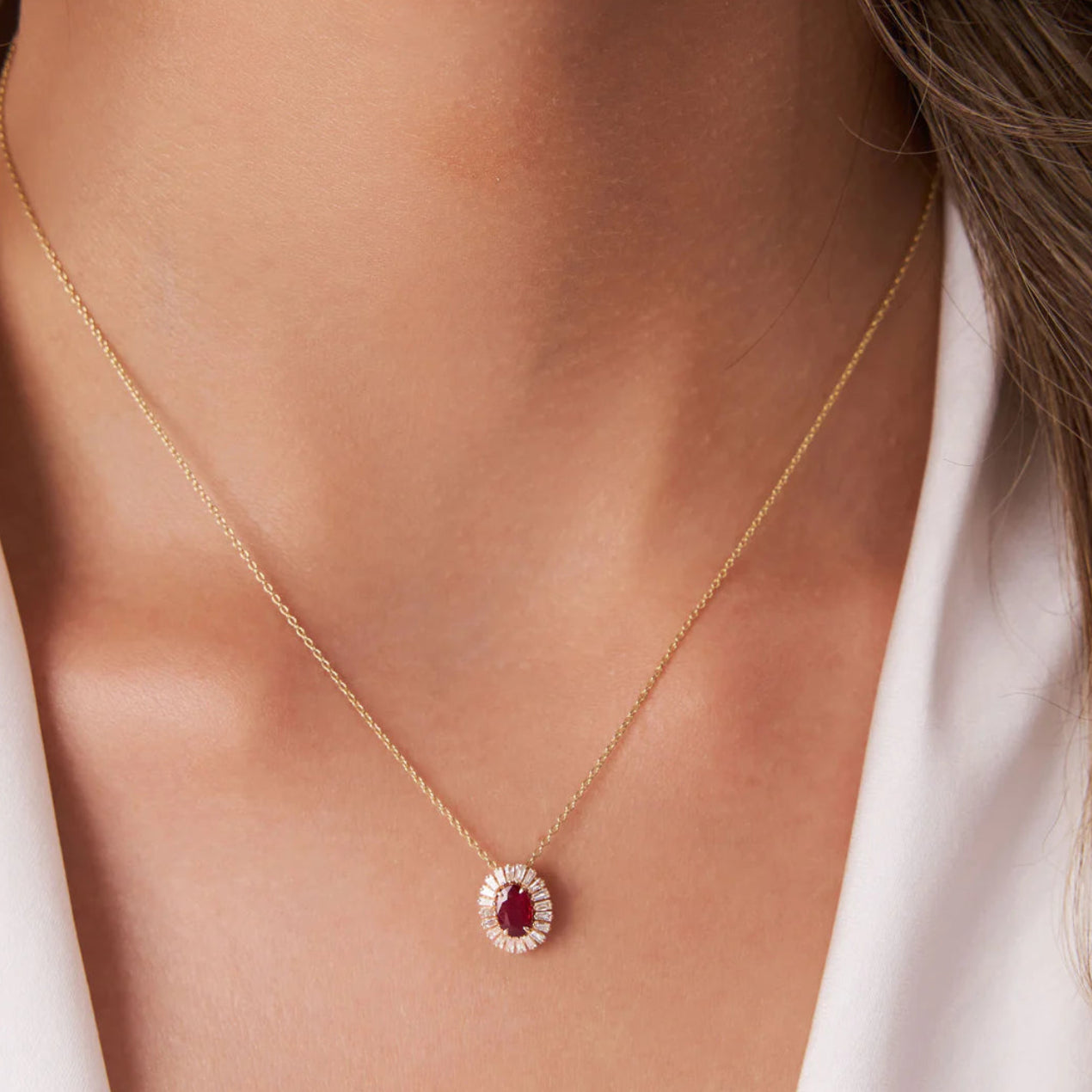 Oval Shape Ruby with Baguette Halo Setting Necklace