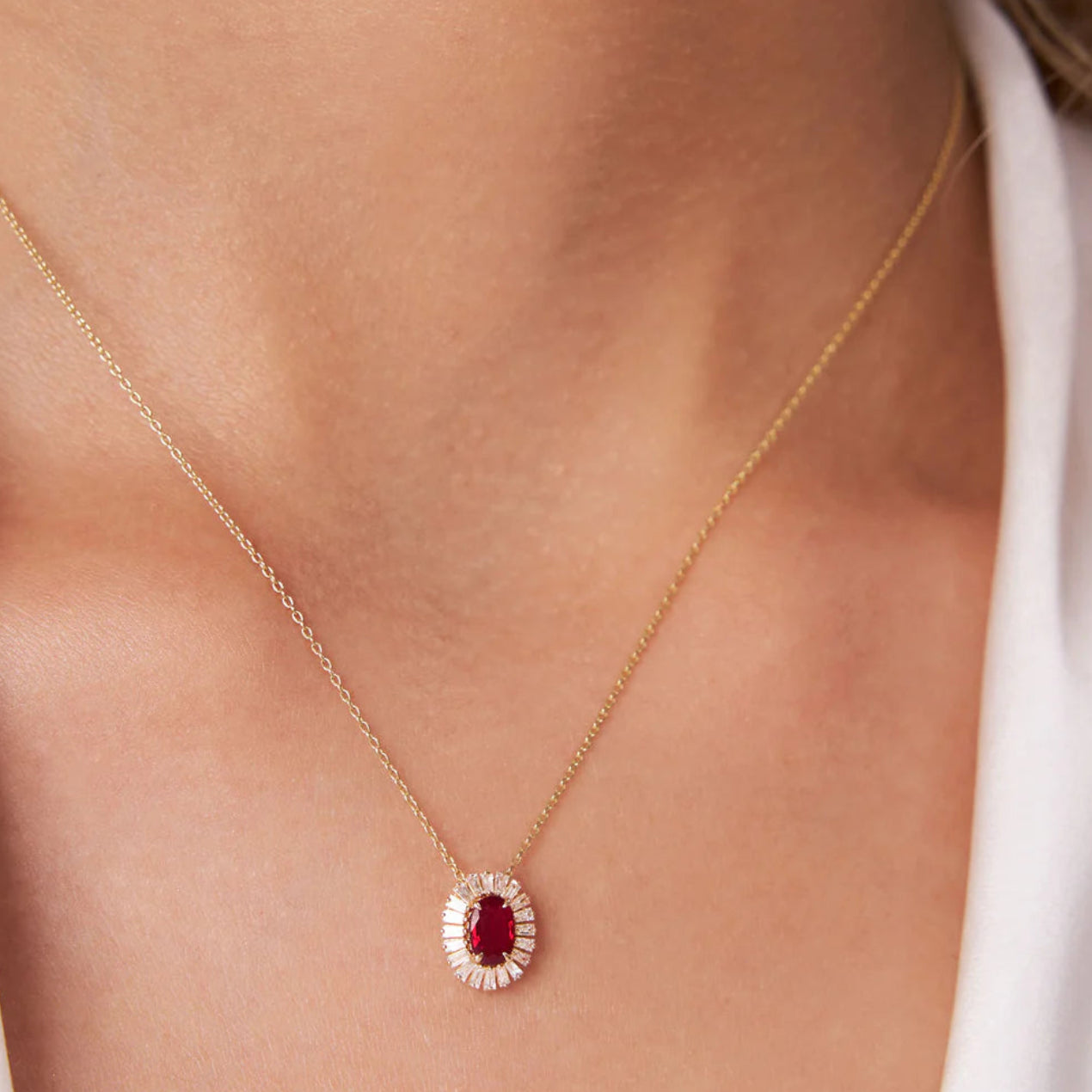 Oval Shape Ruby with Baguette Halo Setting Necklace