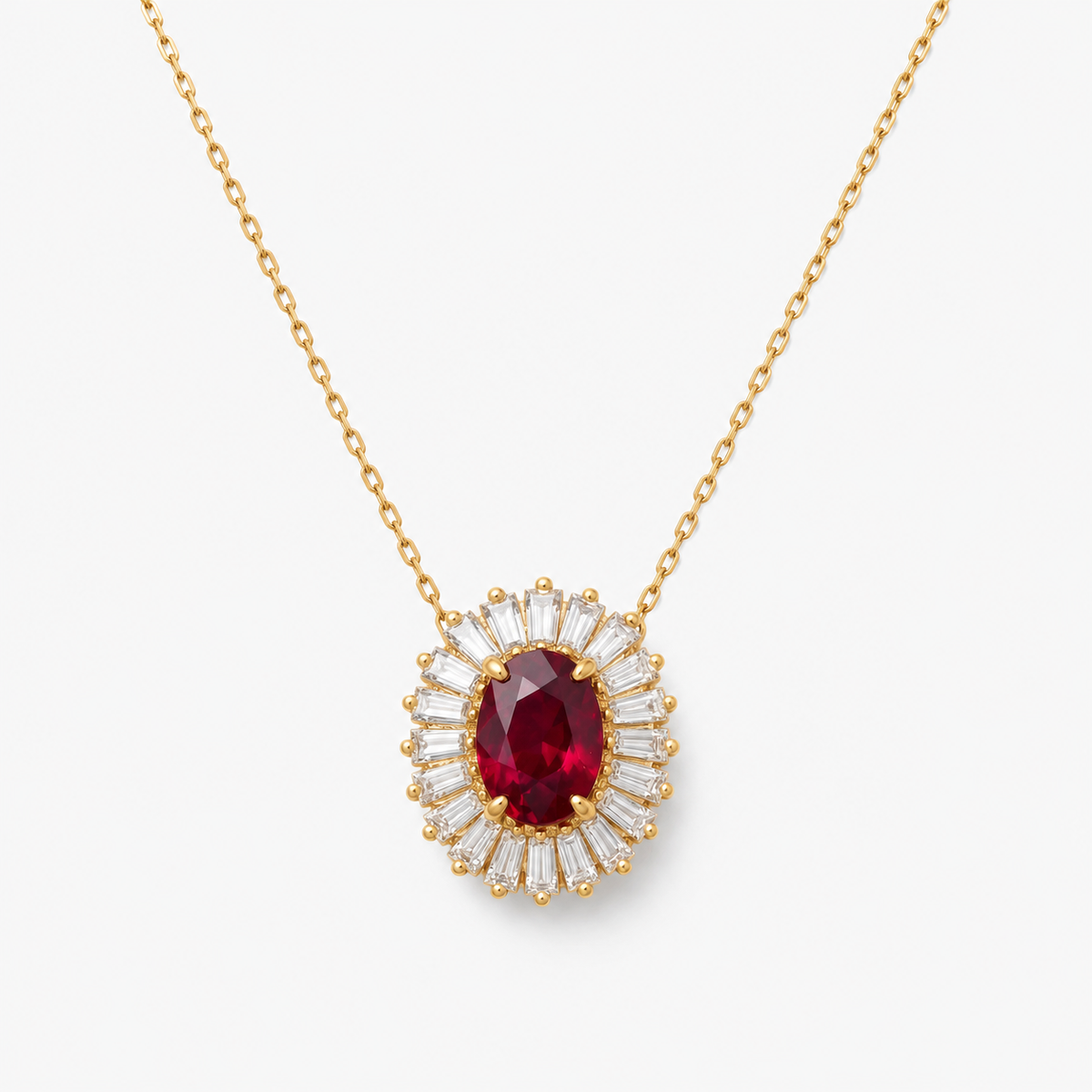 Oval Shape Ruby with Baguette Halo Setting Necklace