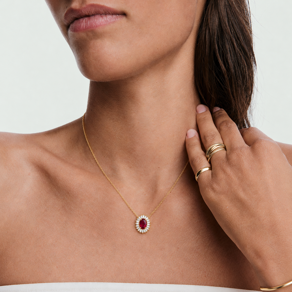 Oval Shape Ruby with Baguette Halo Setting Necklace