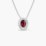 Oval Shape Ruby with Baguette Halo Setting Necklace