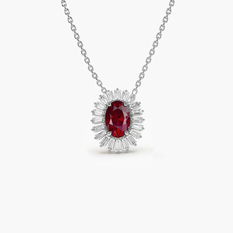 Oval Shape Ruby with Baguette Halo Setting Necklace