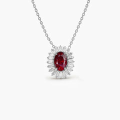 Oval Shape Ruby with Baguette Halo Setting Necklace