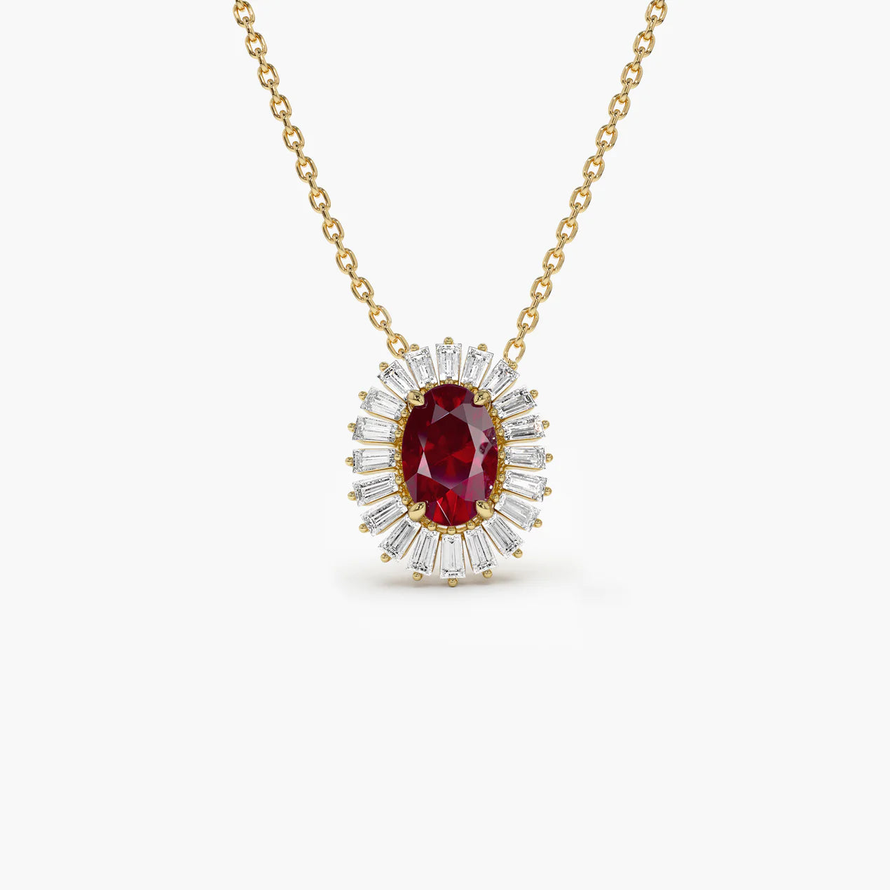 Oval Shape Ruby with Baguette Halo Setting Necklace