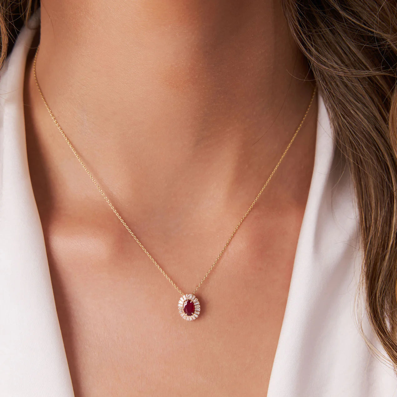 Oval Shape Ruby with Baguette Halo Setting Necklace