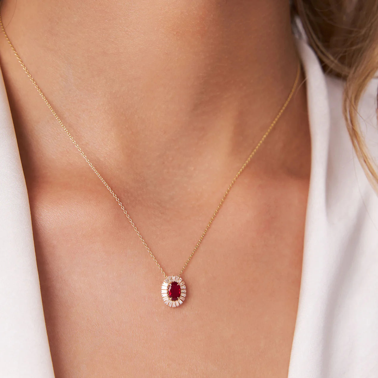 Oval Shape Ruby with Baguette Halo Setting Necklace