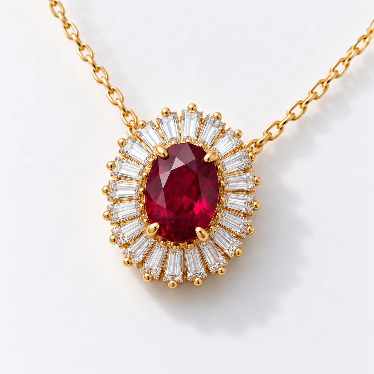 Oval Shape Ruby with Baguette Halo Setting Necklace
